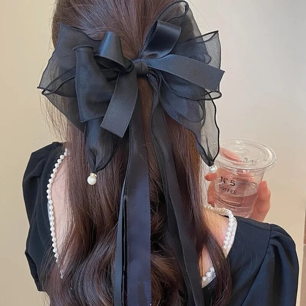 Long Oversized Green Satin Bow French Barrette Hair Clip